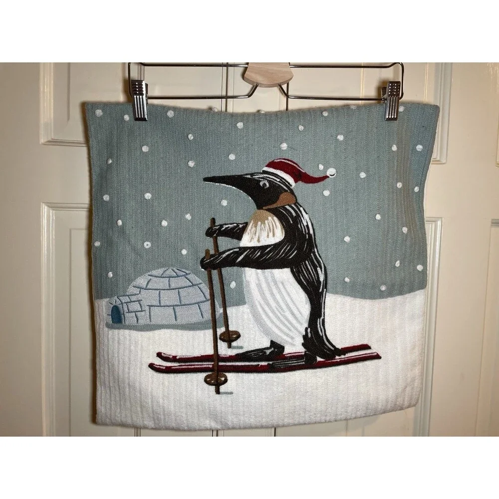Pottery Barn Christmas Skiing Penguin Crewel Embroidered Pillow Cover Blue 18x18